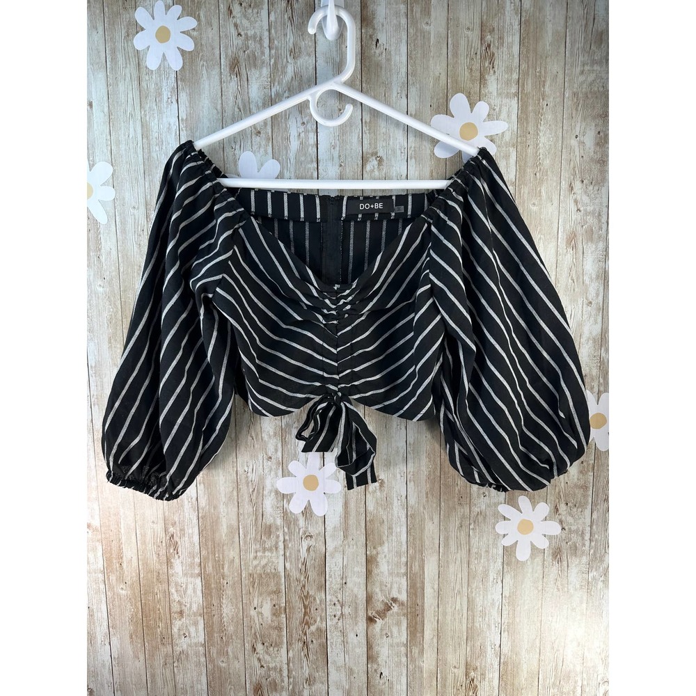 Do+Be Women's Top Sz Small Black Gray Striped Ruched Front Puff Off Shoulder Zip